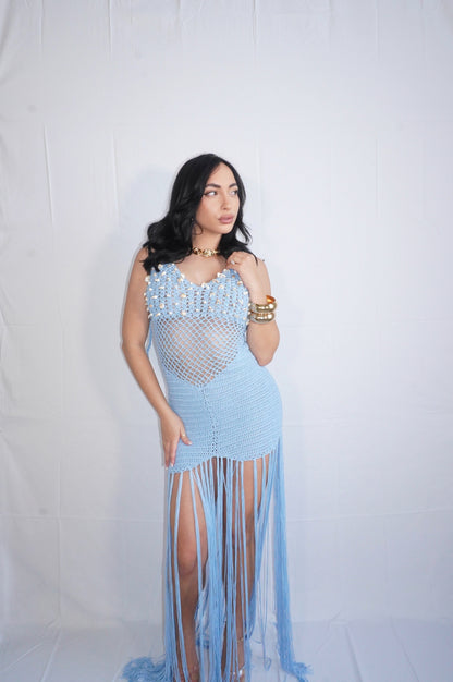 Shelly Maxi Fringe Cover Up Dress (Blue)
