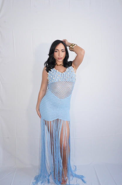 Shelly Maxi Fringe Cover Up Dress (Blue)