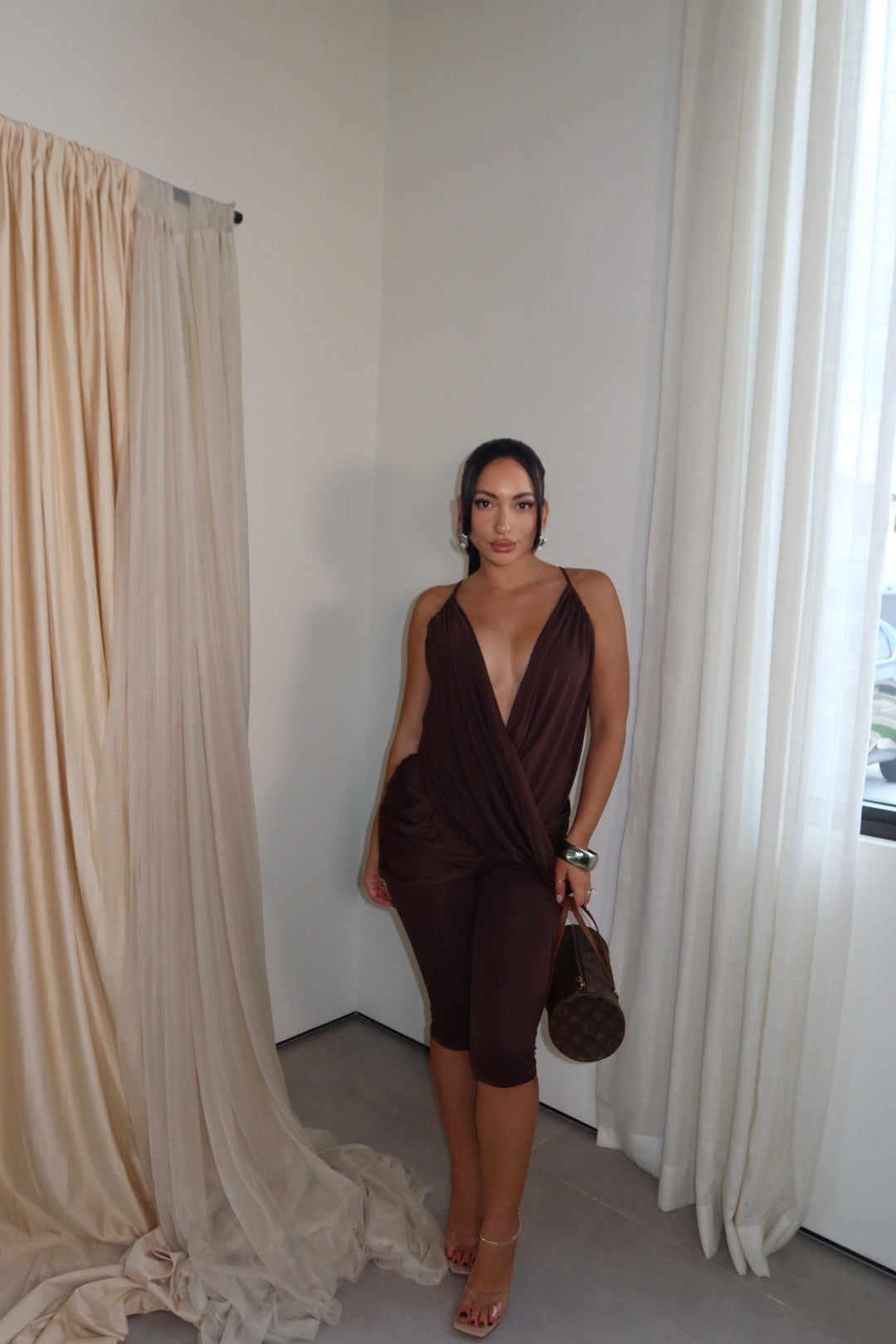 Bec Backless Capri Jumpsuit (Brown)