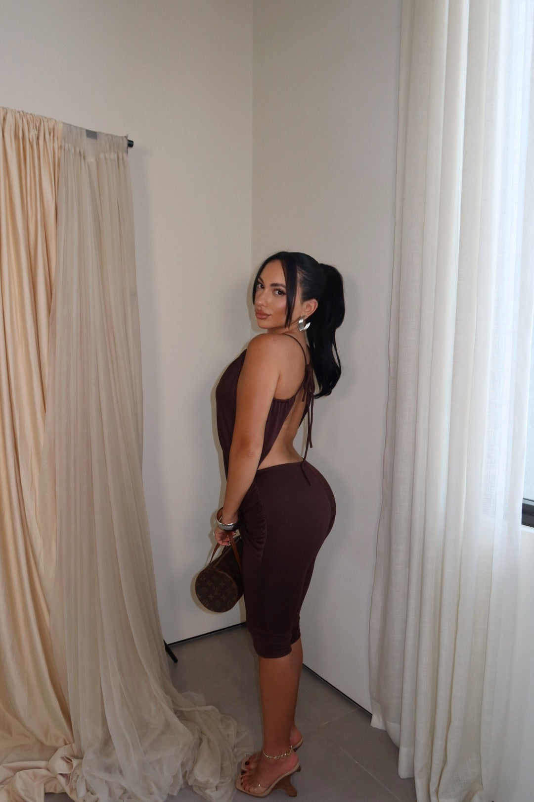 Bec Backless Capri Jumpsuit (Brown)