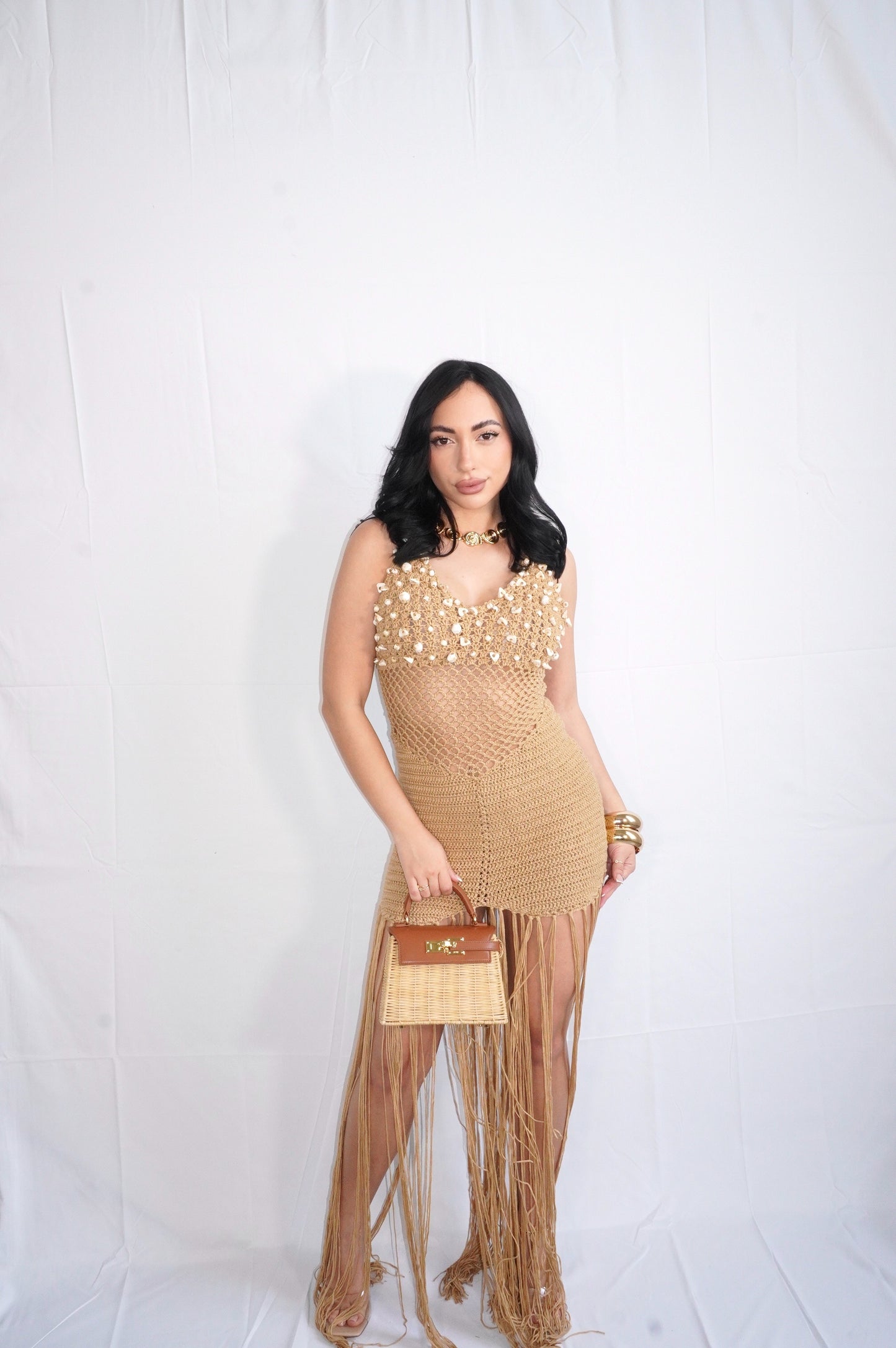 Shelly Maxi Fringe Cover Up Dress (Nude)