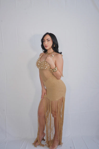 Shelly Maxi Fringe Cover Up Dress (Nude)