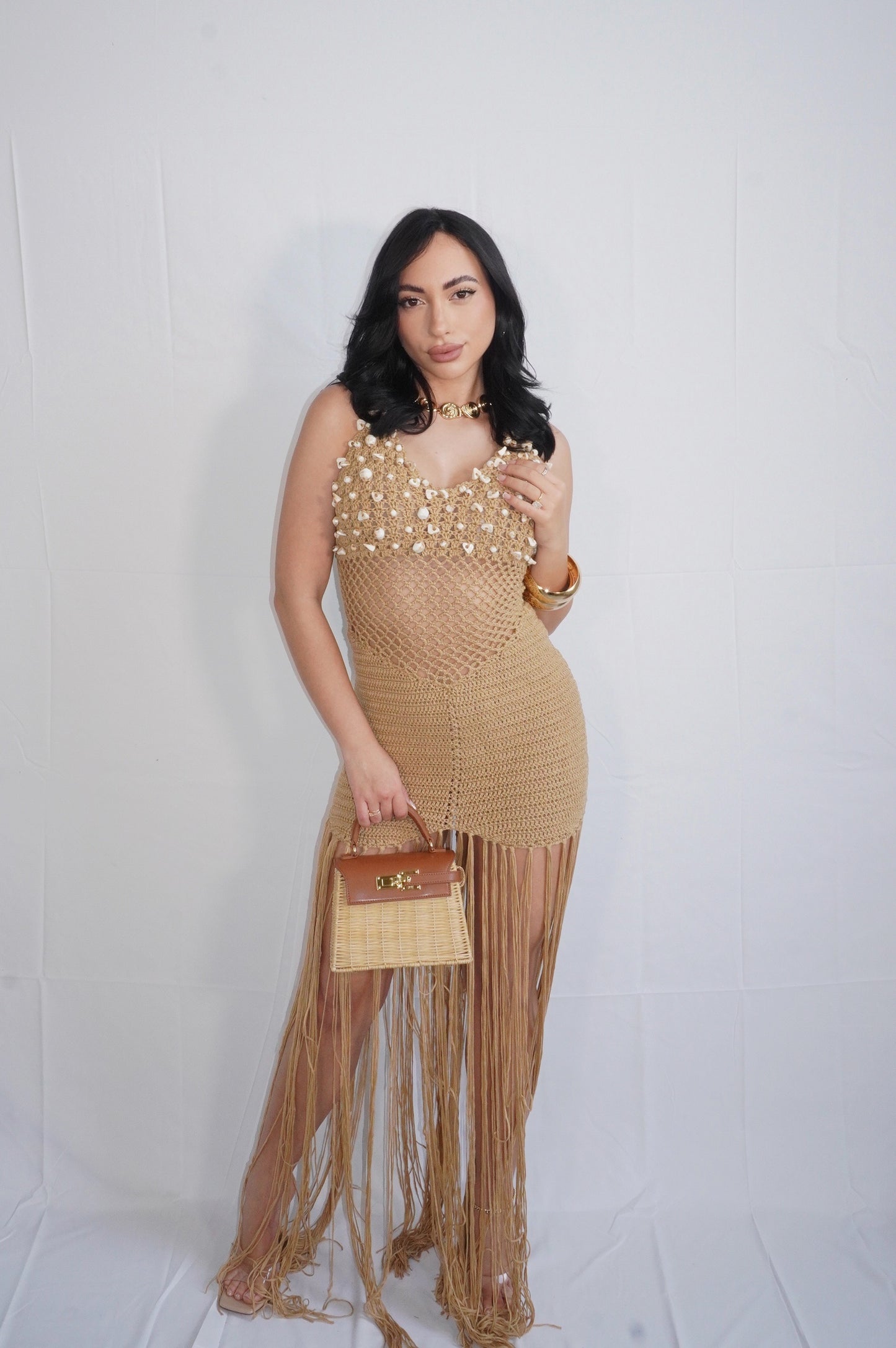 Shelly Maxi Fringe Cover Up Dress (Nude)
